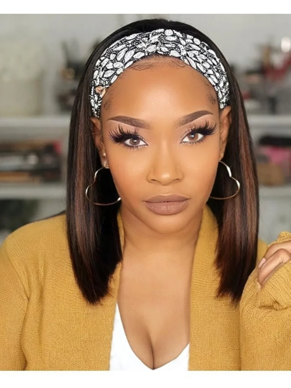 Ombre Highlight Headband Wig Human Hair Straight 14 inch